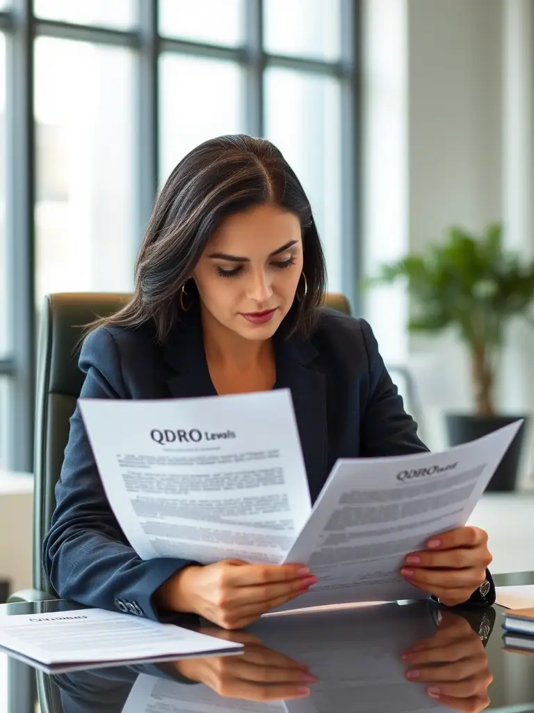 A professional family law attorney reviewing a complex QDRO document in a well-lit office, emphasizing attention to detail and expertise.