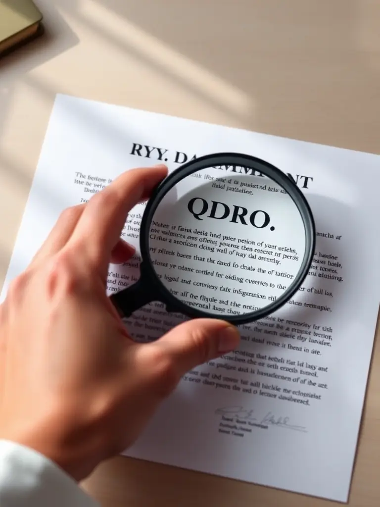 A magnifying glass over a QDRO document, symbolizing the detailed review and analysis involved in QDRO review.
