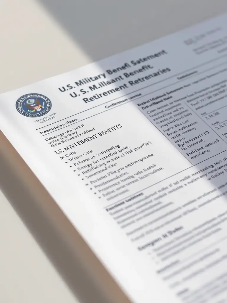 A close-up shot of a U.S. military retirement benefits statement, emphasizing the complexities of military retirement division in a QDRO.