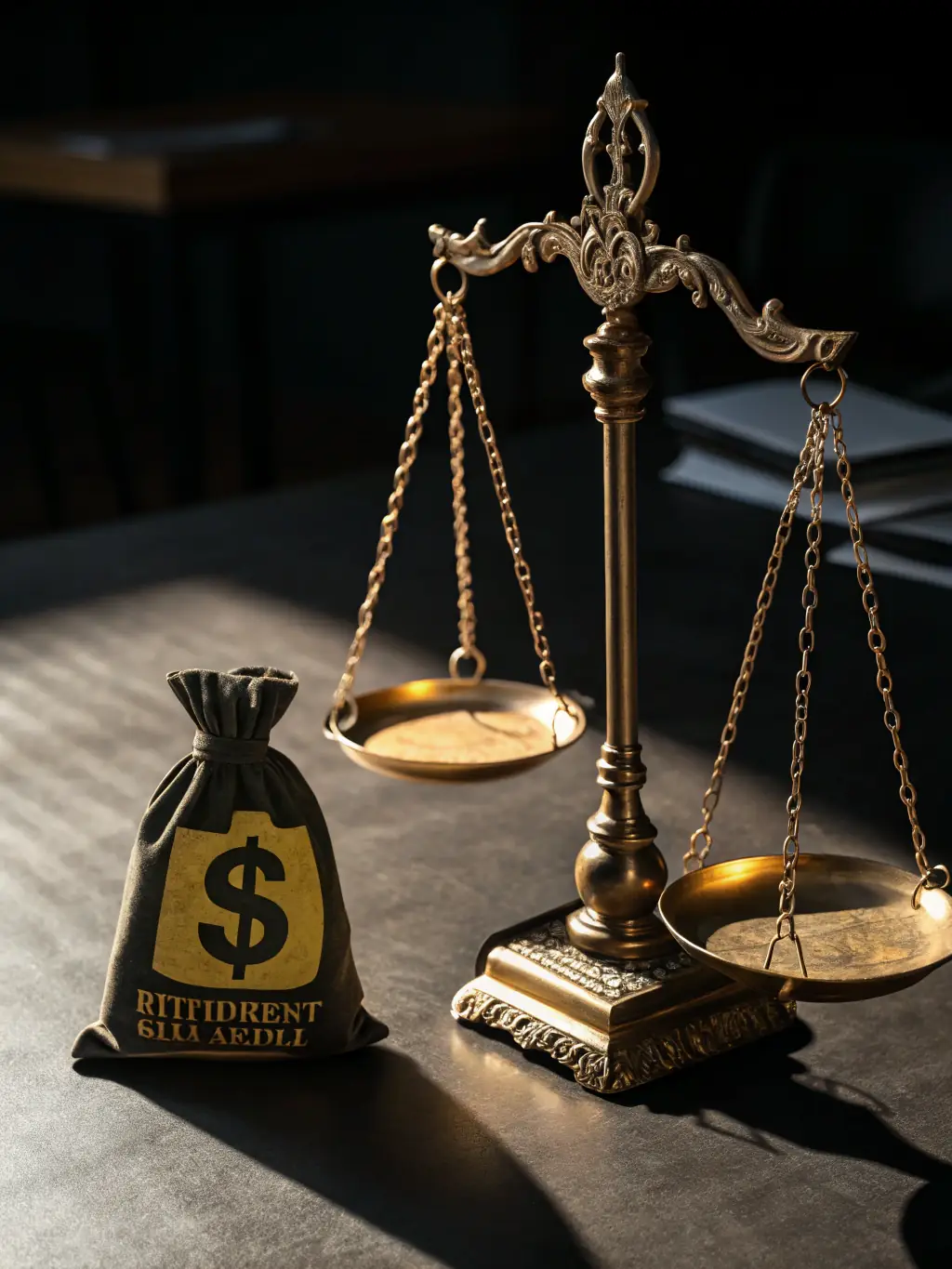 A balanced scale with retirement fund icons on each side, symbolizing equitable distribution, set against a backdrop of legal documents and a gavel.