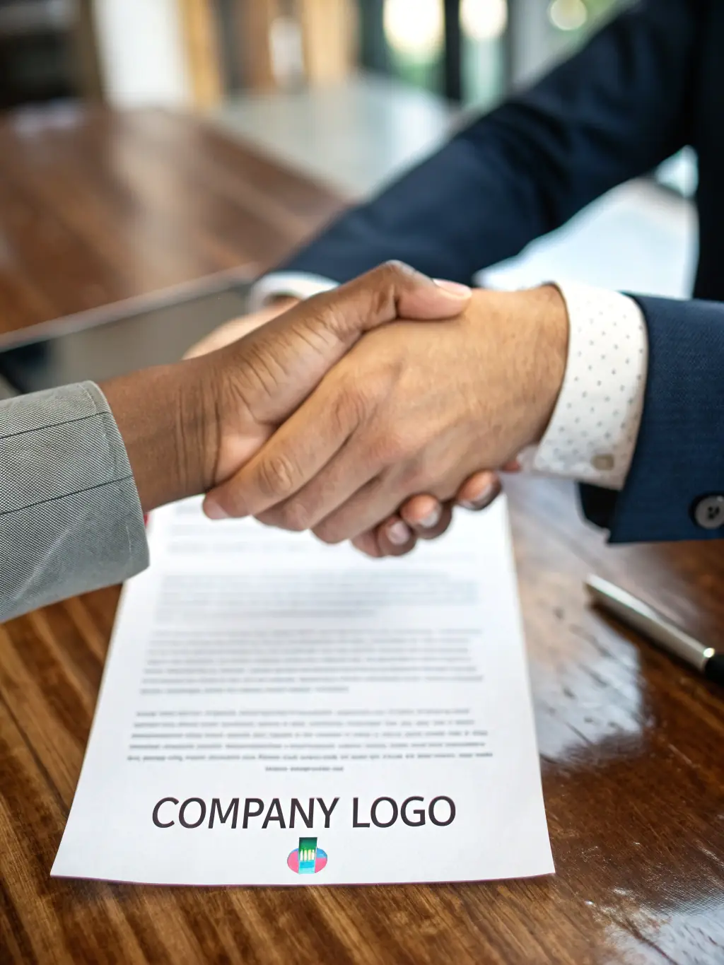 Two hands shaking over a QDRO document, symbolizing successful QDRO negotiation services offered by QDRO Central.